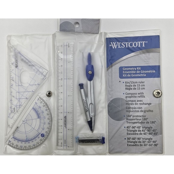 Westcott Other - Westcott 14564 Geometry Set Kit Compass Protractor Triangles Ruler Storage Pouch